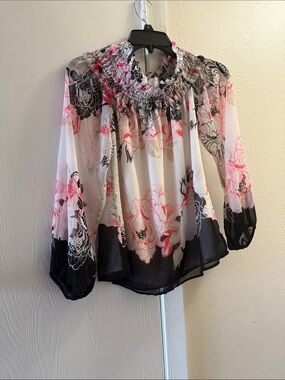 White House Black Market Pink, Black & White Floral Smocked-Neck Blouse